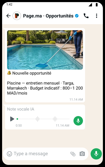 Page.ma · Opportunités: Nouveau besoin à Marrakech : un client recherche une société pour l'entretien mensuel d'une piscine située à Targa. Intervention souhaitée à partir de la semaine prochaine.